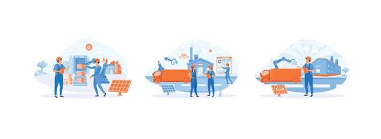 Smart industry.Smart Factories. Engineer working with interactive interface. Smart industry set flat vector modern illustration