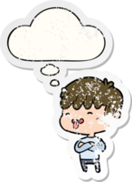 cartoon boy sticking out tongue and thought bubble as a distressed worn sticker png