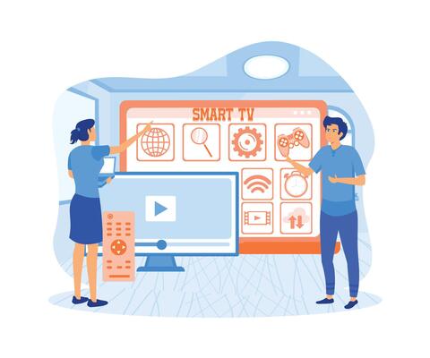 Smart TV menu on laptop. Little person watching videos, content, apps on multimedia box TV. Modern television technology. flat vector modern illustration