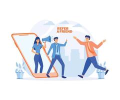 Man and Women get out of the smart phone with megaphones to Business partnership strategy, affiliate marketing.  flat vector modern illustration