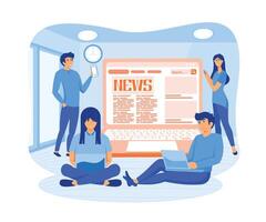 Online news. Modern young men and women use smart phones to read news.  flat vector modern illustration