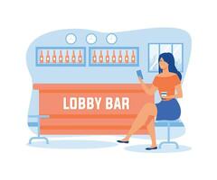 Beautiful girl sitting and holding a drink at the hotel lobby bar with a cell phone in her hand.  flat vector modern illustration