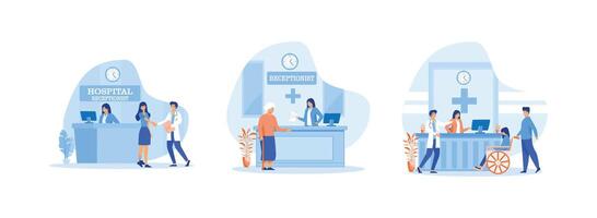 Hospital visit, happy doctor and patient handshake at the front desk, checking appointment, Reception in hospital with patients. Hospital receptionist set flat vector modern illustration