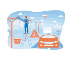 Man standing on steps near car repairing electricity. flat vector modern illustration