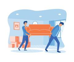 Happy young man move sofa furniture in room.  flat vector modern illustration