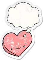 cartoon love heart with face and thought bubble as a distressed worn sticker png