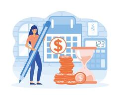 Payment date. Woman standing near calendar and holding pencil with due date. flat vector modern illustration
