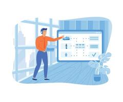 Online assistant, remote consultant.  Man helping customers during call to virtual shop. flat vector modern illustration