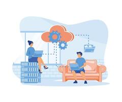 Cloud computing concept with people scene. Man and woman processing information at laptops using cloud technology, data storage and backup.  flat vector modern illustration