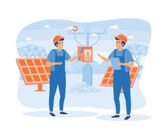 mantenimiento de solar poder instalaciones, paneles o viento turbinas con el hogar Servicio equipo para eléctrico red operaciones. plano vector moderno ilustración