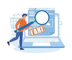 Man with magnifying glass verify fake news on website on computer. flat vector modern illustration