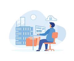 technology storage and cloud server service concept with administrator and developer teamwork concept. flat vector modern illustration