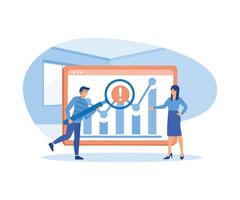 Big Data and Cloud Computing. People using magnifying glass to analyzing large sets of data and recognizing mistakes. flat vector modern illustration