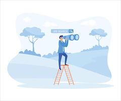 Businessman climb a ladder on job search bar with binocular to see opportunity and vacancy. flat vector modern illustration