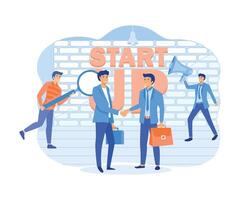 Business startup working moments. Look for money, contracts, promotions. A man with a magnifying glass, two people shaking hands, a man with a loudspeaker. vector