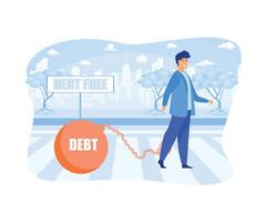 Debt Free. Businessman in face mask tied by a burden with debt text and walking toward debt free signpost.  flat vector modern illustration