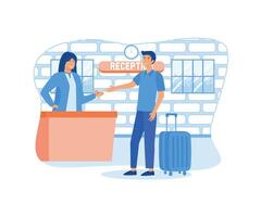 Hotel service check-in at the reception, and get the room key. flat vector modern illustration