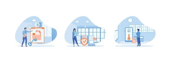 caracteres utilizando seguridad servicios a proteger personal datos, realiza nube compartido documentos seguridad, servidor seguridad y datos proteccion. ciber seguridad conjunto plano vector moderno ilustración