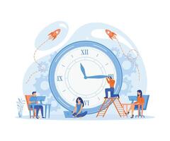 Time management, control. Businessman run along gear in form of clock. Organization of process. vector