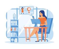 Parental control app. Mom in the office checks her daughters location using smart phone. flat vector modern illustration