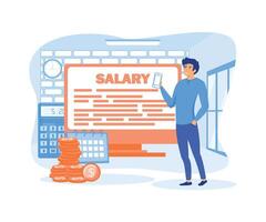 Male worker looking at his salary on mobile phone while standing with computer, calendar and stack of coins. for Web Landing Pages. vector