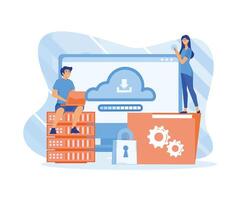 Cloud technology. People storing data on cloud server.  flat vector modern illustration