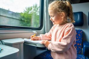 Little girl draws with pencils on white paper while traveling by railway, Europe photo