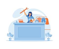 A woman who manages the balance between family life, housework and business career. flat vector modern illustration