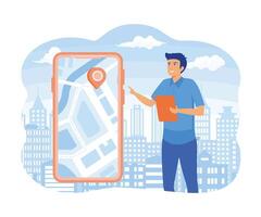 Man using maps app on cell phone. Male trying to navigate terrain, building route. Search by geolocation GPS navigator Tracking location of person Maps navigation with point marker. vector