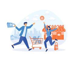 Happy People with shopping cart and Shopping Bags, discounts, Online Shopping, Big sale. flat vector modern illustration