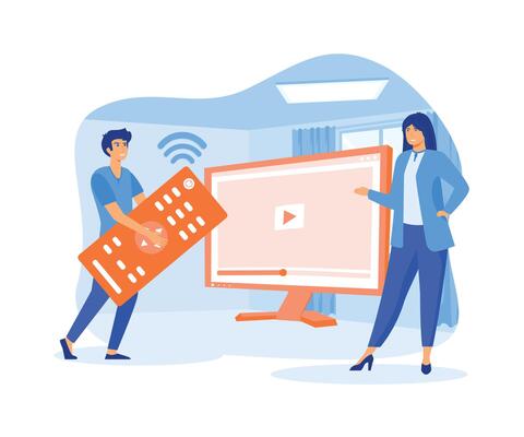 People watch videos with remote controls and television multimedia boxes. Smart TV box, smart tv console, make your TV concept smart. flat vector modern illustration