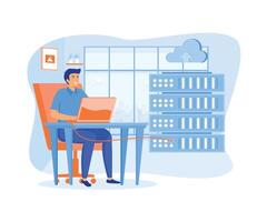 Data server web concept. Technician works in server room racks. Cloud storage technology, database.  flat vector modern illustration