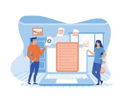 Man and woman analyzing document management soft. flat vector modern illustration