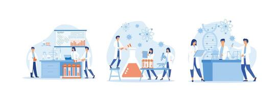 Scientists in lab, Scientist people wearing lab coats, science researches and chemical laboratory experiments,  Laboratory set flat vector modern illustration