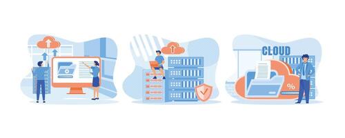 Cloud computing. Man sitting on rack analyzing file management on laptop. Man standing near cloud storage. set flat vector modern illustration