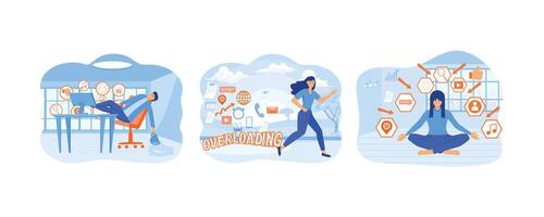 Information overload concept. Young woman running away from information stream.   Dome filter protects the girl from unnecessary information. set flat vector modern illustration