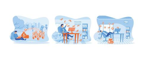 Passive income, salary and profit concept, Man relaxing in front of computer while money rains down, while coins fly out of the computer.  Passive income 1 set flat vector modern illustration