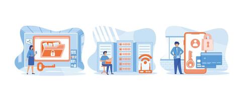 Online Payment Security, Server Security and Data Protection Concept, Services to Protect Personal Data. Cyber security set flat vector modern illustration