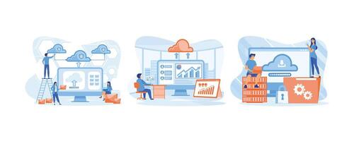 Cloud computing. Developer team working on dashboard monitor. Cloud technology. set flat vector modern illustration