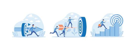 Business superhero rushing towards target, Team of Businesspeople Carrying Big Arrows with Businessman Standing on It Running to Big Target, Challenge, Problem, obstacle, Path to goal. vector