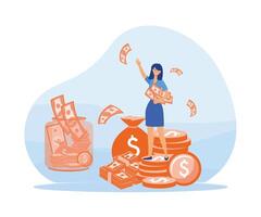 Salary Payment. Woman worker are happy receive a monthly salary, active income. flat vector modern illustration