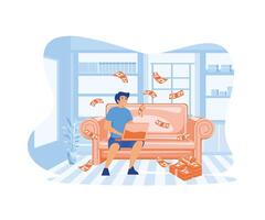 Man sitting on sofa with laptop computer and dollar bills raining down. flat vector modern illustration