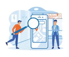 Company Geo location Logistics Analysis. Businessmen Analyzing Product Delivery Route on Cellphone Screen with Magnifying Glass, Searching Ways to Optimize Transportation Costs. vector