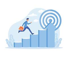 Businessman running up stairs towards target, Challenge, Problem, obstacle, Path to goal. vector