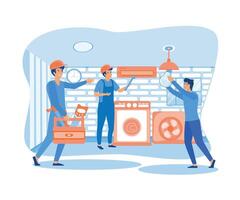 Happy servicemen repairing machines at home. Electrician, mechanic or repairer at work.  flat vector modern illustration