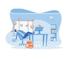 Passive income concept, Businessman cartoon character man relaxing in chair while coins fly out of computer. flat vector modern illustration