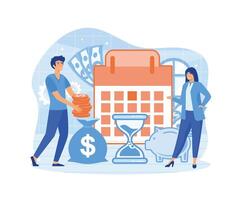 Payday loans concept. Man pays loan at appointed time. Woman indicates payment day on calendar.  flat vector modern illustration