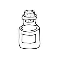 A bottle of magic potion. Magic. Elixir in a glass flask. Doodle. Vector illustration. Hand drawn. Outline.