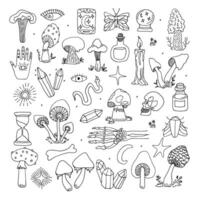 A set of mystical and magical elements. Witchcraft items. Doodle. Vector illustration. Hand drawn. Outline.