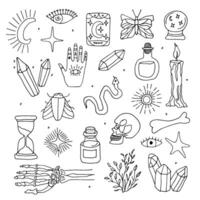 A set of mystical and magical elements. Witchcraft items. Doodle. Vector illustration. Hand drawn. Outline.